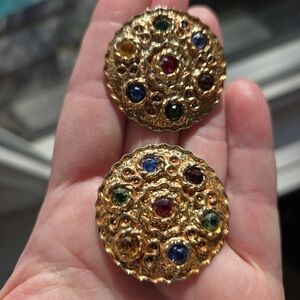 Vintage Etruscan Style 1950s LARGE Gold Tone Multicolor Crystals Earrings